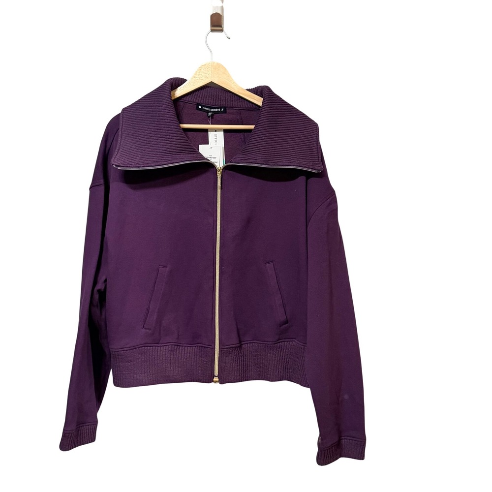 Thrive Societe Womens XL Purple Full Zip Shawl Collar Cropped Sweatshirt Jacket